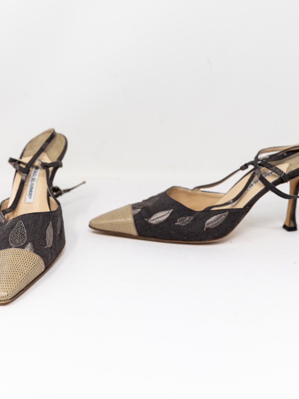 Manolo Blahnik Mixed Media Leaf Embroidered Snake Leather Embossed Cap Toe Heels
